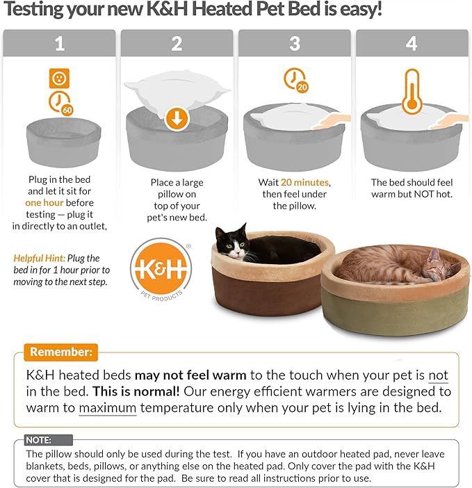 K&H Pet Products Thermo-Kitty Bed Heated Cat Beds for Large Indoor Cats & Dogs, Calming Warming Pillow Pet Bed, Machine Washable, Removable Heater, Safety Listed - Large 20" Round Mocha/Tan