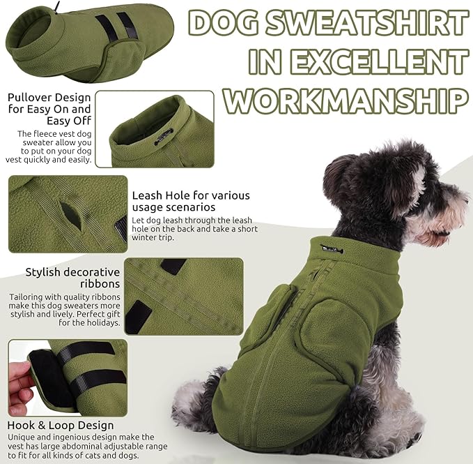 Queenmore Medium Dog Sweaters, Soft Fleece Vest Pullover Dog Jacket with Leash Hole, Warm Winter Dogs Clothes Cold Weather Doggy Dachshund Sweater for Medium Dogs Cats Boy or Girl (Army Green, M)
