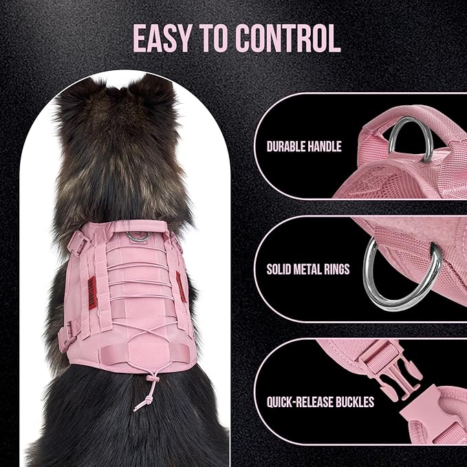 OneTigris Tactical Dog Harness Vest,No-Pull Service Dog Vest with Hook & Loop Panels,Adjustable Dog Vest Harness for Walking Hiking Training(Pink,L)
