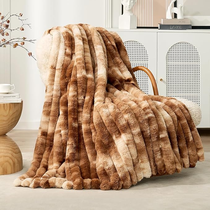 Cozy Bliss Faux Fur Throw Blanket for Couch, Cozy Warm Plush Striped Blanket for Sofa Bedroom Living Room, 60 * 80 Inches Tie-dye Brown