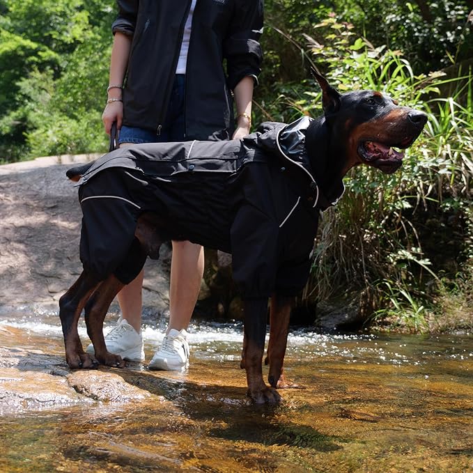 LOVELONGLONG Waterproof Dog Raincoat with Removable Hood – Outdoor Full Body Dog Jacket, Windproof Snowproof Shell Suit – All Season Pet Rain Gear Black 3XL