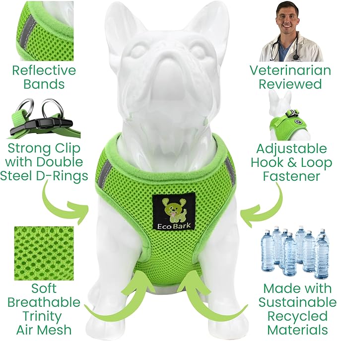 EcoBark Step in Dog Harness - Eco-Friendly Toy Breed Dog Harness for XS, Small and Medium Dogs - Reflective and Adjustable Body Halter Vest -Tiny Soft Mesh Chest Collar (Green, Medium)