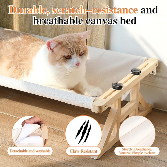 Tresbro 2-IN-1 Cat Window Perch & Elevated Cat Hammock, 26''L × 15.7''W × 10.2"H Wooden Frame Pet Bed for Large Indoor Cats, Easy Setup, Adjustable, No Drilling, Cats Seat for Window, Bedside, Ground