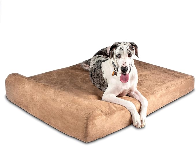 Barker Beds Giant Orthopedic Dog Bed for Large Dogs - 7" Thick Washable Big Dog Bed with Headrest - XL Water-Resistant Mattress - Durable Microsuede Cover - Comfy Pet Bed (Khaki)