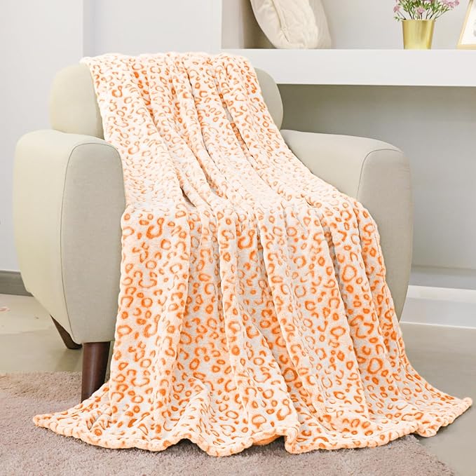 FY FIBER HOUSE Flannel Fleece Leopard Print Throw Blanket Super Soft Lightweight Fluffy Throw for Couch, 50"X60",Orange