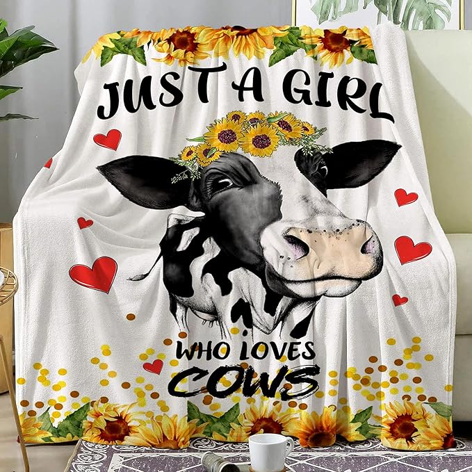 Cow Blanket Sunflower Cow Soft Cozy Flannel Throw Blanket Just a Girl Who Loves Cow Blankets Gifts for Women Kids Adults Teen 50"X 40"