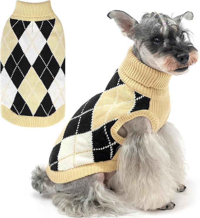 KOOLTAIL Small Dog Sweater - Knit Turtleneck Cold Weather Pullover for Medium Large Dogs, Soft Diamond Plaid Knitwear Winter Warm Clothes, Pet Coat Puppy Sweater for Girls Boys S