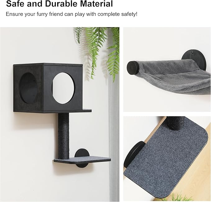 FUKUMARU Cat Wall Shelves, 5-Piece Stable Wooden Wall-Mounted Furniture Set, Kitty Climber with Hammock, House, Steps, Scratching Post (Black)