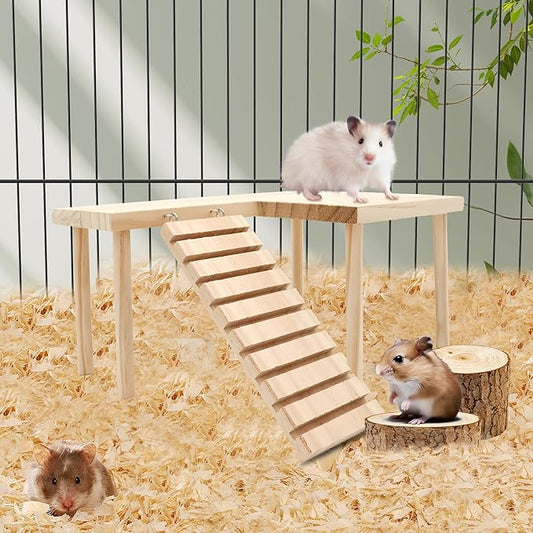 Hamster Wooden Platform with Legs Small Animal Climbing Ladder Standing Rat Guinea Perch Chew Toy Cage Accessories (Platform-Large)
