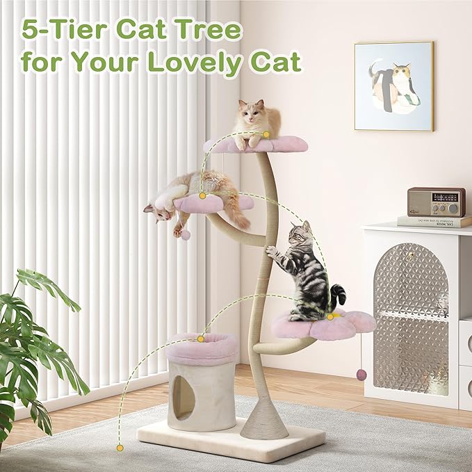 COZIWOW 57'' Modern Cat Tree, Luxury Cat Tree with Condo, Aesthetic Cute Cat Tower Scratching Post with Large Condo, Cat Bed, Side Perch for Multiple Cats