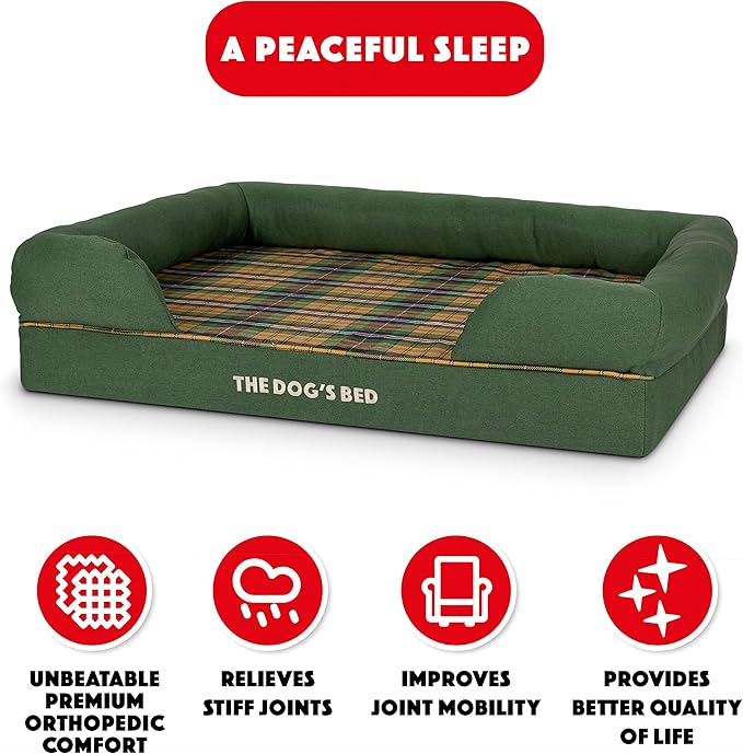The Dog’s Bed, Large Green Tartan, Memory Foam, Pain Relief: Arthritis, Hip & Elbow Dysplasia, Post Surgery, Lameness, Supportive, Calming, Waterproof Washable Cover