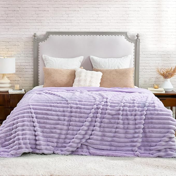 Cozy Bliss Faux Fur Throw Blanket for Couch, Cozy Warm Plush Striped Blanket for Sofa Bedroom Living Room, 108 * 90 Inches Lavender