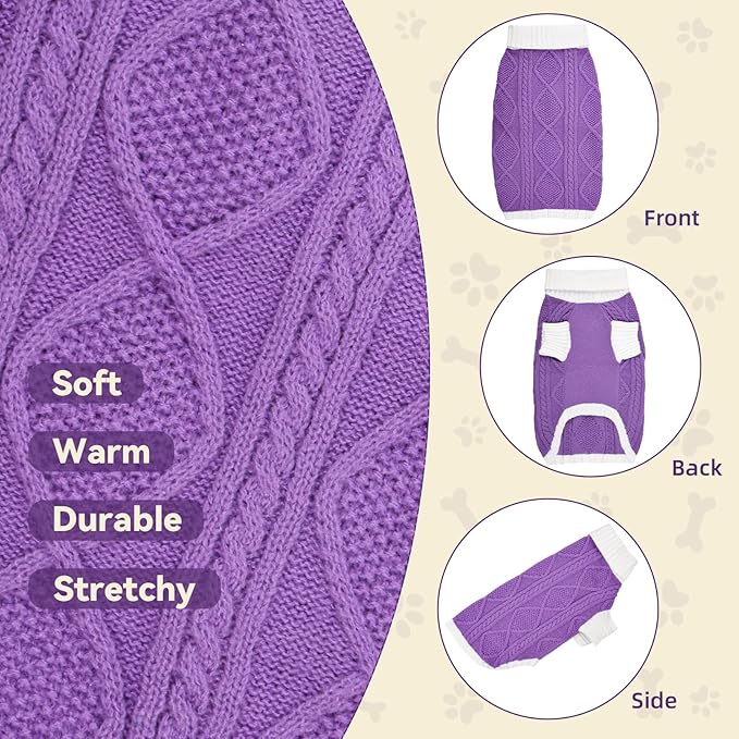Dog Sweater for Medium Dogs Argyle Cable Knit Turtleneck Pullover Winter Clothes Boys Girls French Bulldog Dachshund Corgi Beagle Pug Pet (M, Purple)
