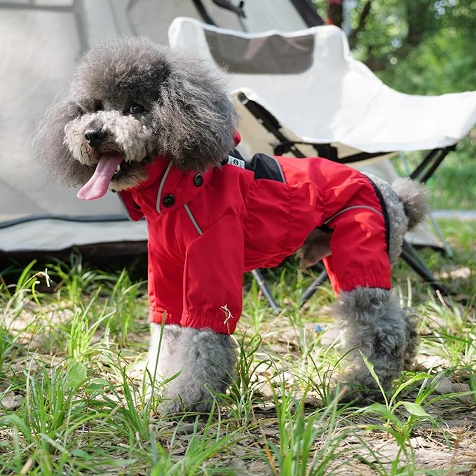 LOVELONGLONG Waterproof Dog Raincoat with Removable Hood – Outdoor Full Body Dog Jacket, Windproof Snowproof Shell Suit – All Season Pet Rain Gear Red XS