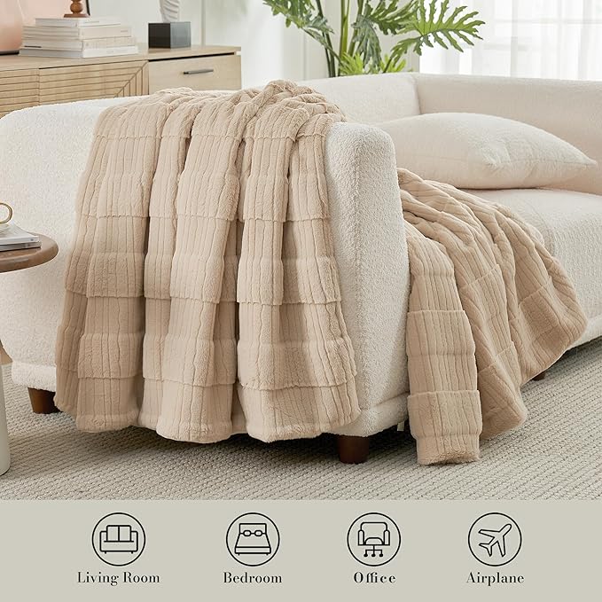 Amélie Home Luxury Striped Faux Fur Throw Blanket for Bed Queen Size, Soft Cozy Fuzzy Fluffy Plush Gift Blankets for Women, 88"x90", Beige