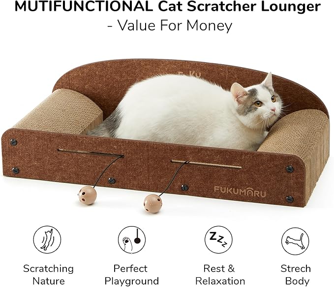 FUKUMARU 26 Inch Cat Scratcher Cardboard Lounge Bed, Durable Cat Scratcher Extra Large Lounger, 2 Reversible Cat Scratching Pads Refill for Indoor Cats, Cat Scratch Bed Cardboard Toy, Caramel Color