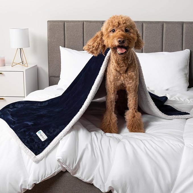 PetAmi Waterproof Dog Blanket for Small Medium Dog Puppy Cat Throw for Couch Cover Leakproof Protection, Sherpa Fleece, Reversible Soft Washable 29x40 Navy Blue