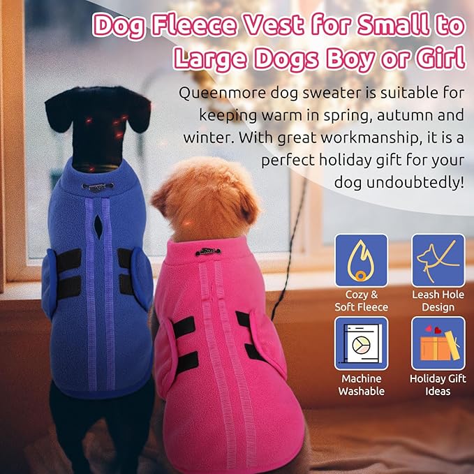 Queenmore Small Dog Sweater, Soft Fleece Vest Pullover Dog Jacket with Leash Hole, Warm Winter Dog Clothes Cold Weather Doggy Dachshund Sweaters for Small Dogs Cats Boy or Girl (Pink, S)