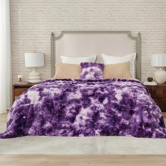Cozy Bliss Faux Fur Throw Blanket for Couch, Bubble Plush Blanket Queen Size, Fuzzy Soft & Thick Blanket for Bed Sofa Living Room, 90x90 Inches Tie-dye Purple