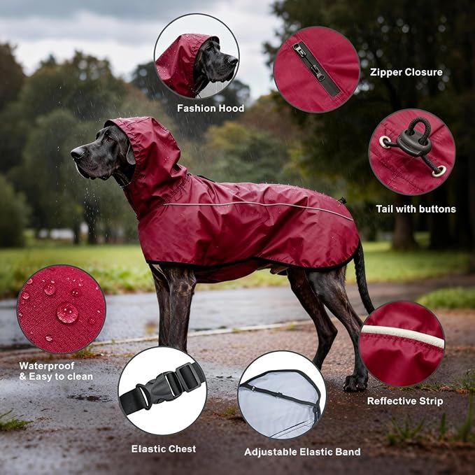Mosucoirl Dog Raincoat Jacket Reflective Adjustable Hooded Pet Poncho Rain Coats with Leash Hole Waterproof Clothes for Small Medium Large Dogs (Red, XXL)