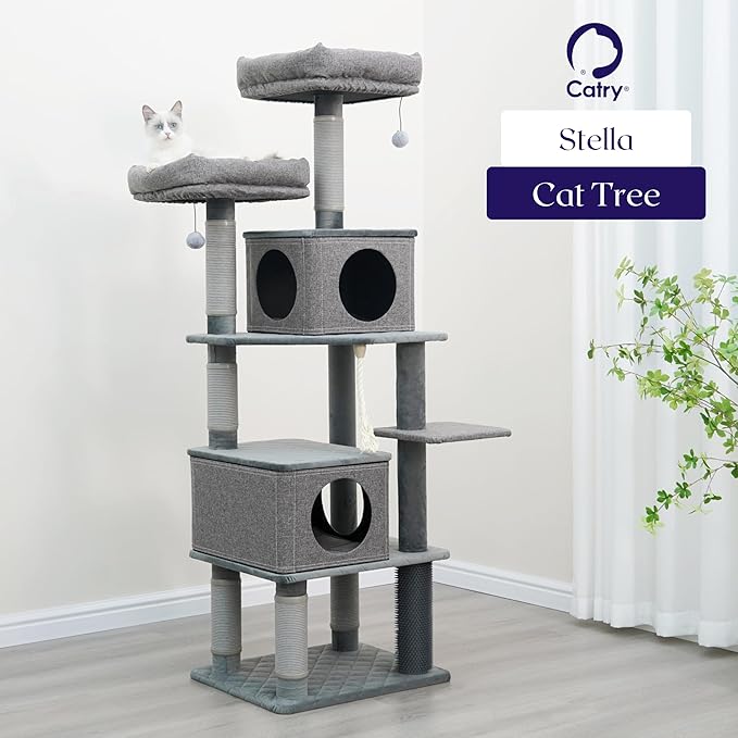 Catry Stella 7-Level 67.5” Linen & Quilted Velvet Cat Tree with Recycled Paper Scratchers, Two Condos, Removable Beds, Toys, Easy to Clean, Ideal for Large Cats and Multi-Cat Homes (Zinc Gray)