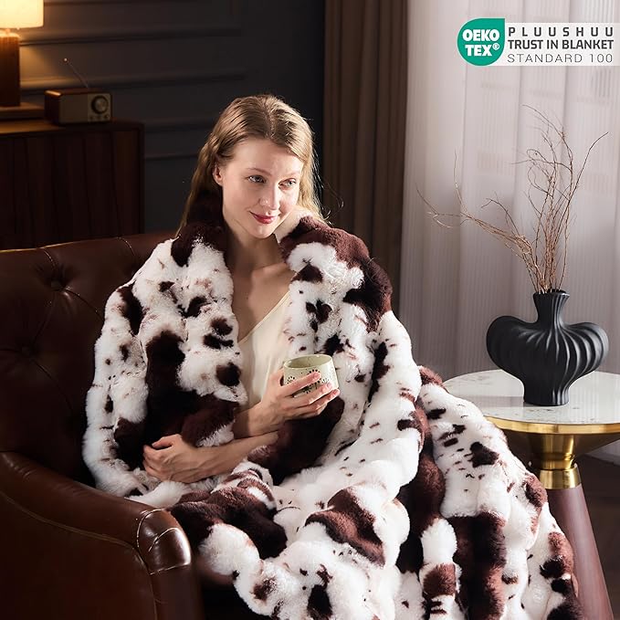 Faux Fur Throw Blanket for Couch, Fluffy Fuzzy Plush Bubble Blanket, Soft Warm Cozy Shaggy Rabbit Blanket, Luxury Decorative Gifts for Sofa Bedroom Living Room, 60x50inch (Cow Print-Brown)