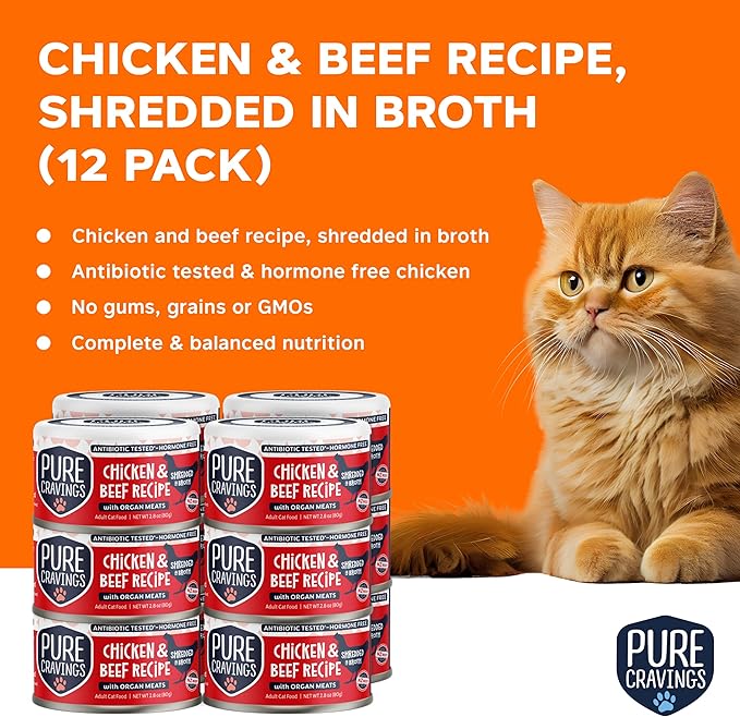 Pure Cravings Chicken and Beef Recipe in Broth, Shredded Wet Cat Food, Grain-Free Protein, Non-GMO, 12 Pack