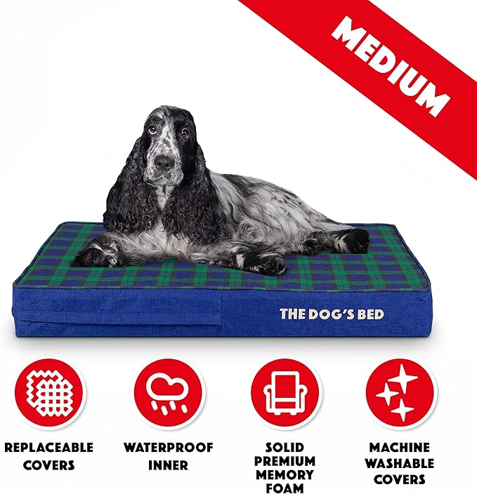 The Dog’s Bed Orthopedic Memory Foam Dog Bed, Medium Black Watch Tartan, Pain Relief Arthritis, Hip & Elbow Dysplasia, Post Surgery, Lameness, Supportive, Calming, Waterproof Washable Cover