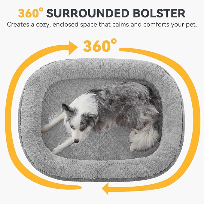 JOEJOY Orthopedic Dog Bed for Extra Large Dogs, Egg-Crate Memory Foam Pet Bed with Bolster Sides, Waterproof Lining, Removable Washable Cover & Non-Slip Bottom, Light Grey