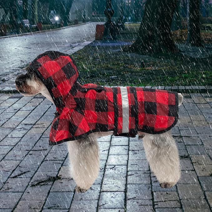 KOOLTAIL Dog Raincoat Hooded Slicker Poncho with Leash Hole, Christmas Red Plaid Raincoat for Small Medium Dogs, Waterproof Dog Rain Jacket with Reflective Strip, Adjustable Breathable Puppy Rainwear