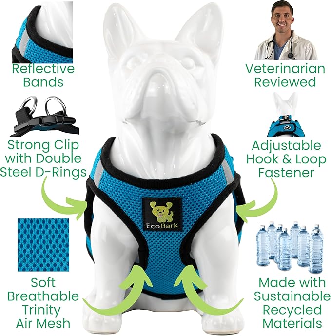EcoBark Step in Dog Harness Reflective Soft Ultra Padded Mesh Dog Harnesses for XXS, XS, Small, and Medium Dogs Eco-Friendly Comfort Secure Halter No Pull Adjustable Pet Vest (XXXS, Teal)