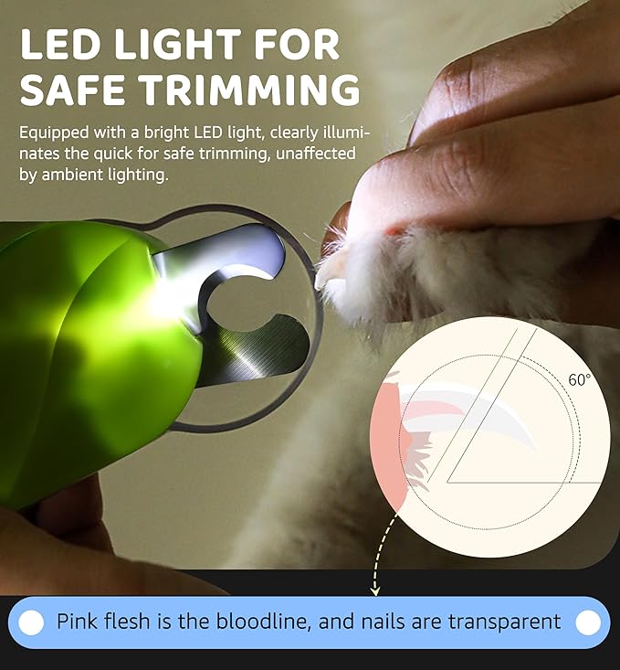 Pet Nail Clipper with Light for Cats & Small Dogs Puppies, Ultra Bright LED to Illuminate Nail Bloodline to Avoid Over Cutting, Extra-Sharp and Durable Cat Claw Trimmer with Nail File (Green)