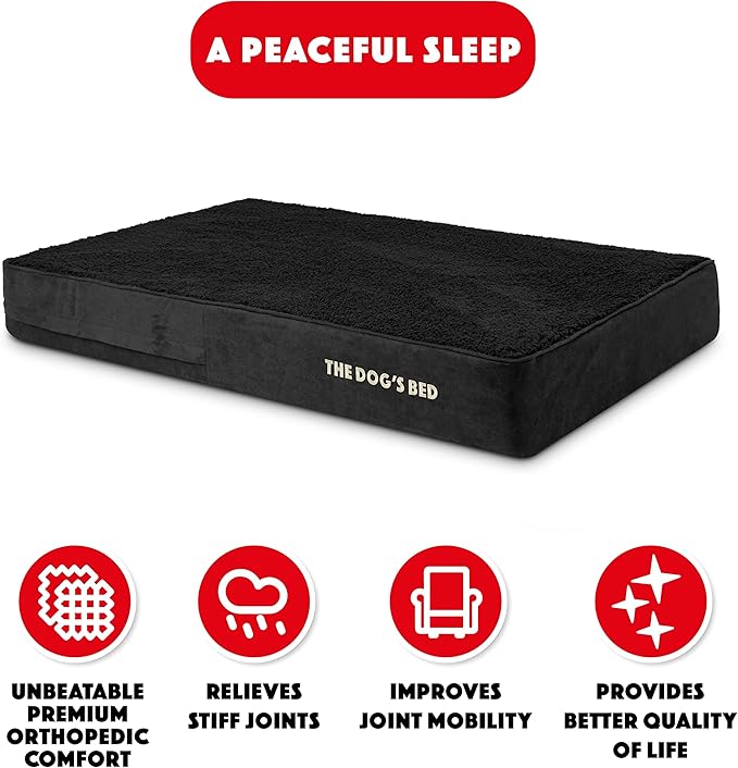 The Dog’s Bed Orthopedic Memory Foam Dog Bed, XXL Black Plush, Pain Relief for Arthritis, Hip & Elbow Dysplasia, Post Surgery, Lameness, Supportive, Calming, Waterproof Washable Cover