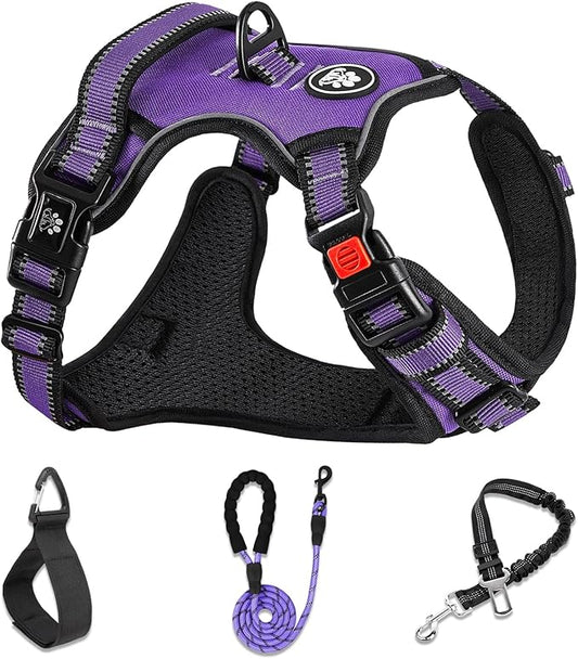 NESTROAD No Pull Dog Harness,Adjustable Oxford Dog Vest Harness with Leash,Reflective No-Choke Pet Harness with Easy Control Soft Handle for Large Dogs(Large,Purple)