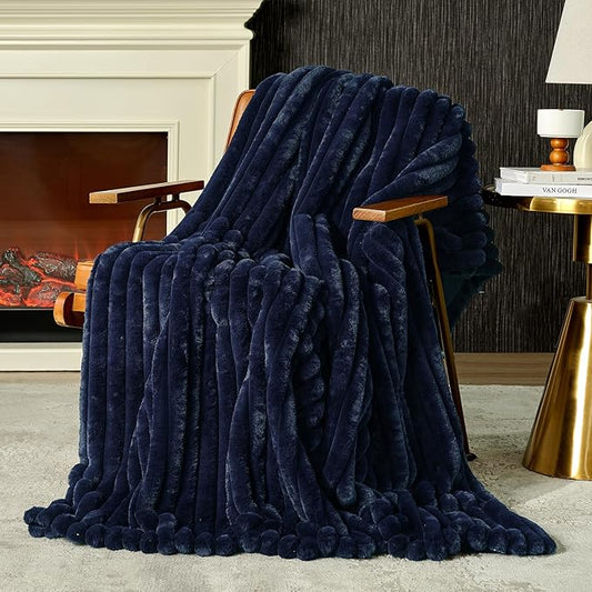 Amélie Home Faux Fur Throw Blanket for Couch, Cozy Fuzzy Fluffy Fur Luxurious Soft Striped Plush Gift Blankets for Family Sofa Chair Bedroom, 55"x70", Navy Blue