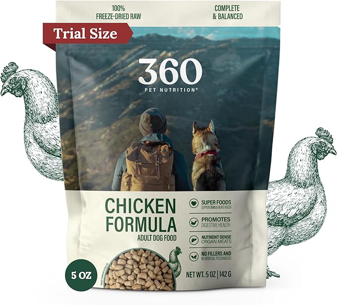 360 Pet Nutrition Freeze-Dried Raw Dog Food – Chicken Recipe with Liver & Organs, High Protein, Omega-3s, Fruits, Veggies & Superfoods, Grain-Free, No Fillers, 5 oz – Made in USA