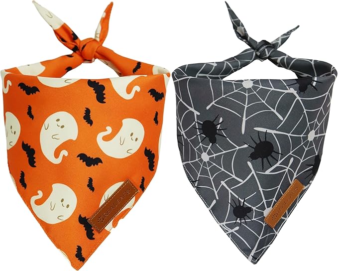 Realeaf Halloween Dog Bandanas 2 Pack, Reversible Orange Gray Pet Scarf for Boy and Girl, Premium Durable Fabric, Holiday Bandana for Small Medium Dogs (Halloween, Small)