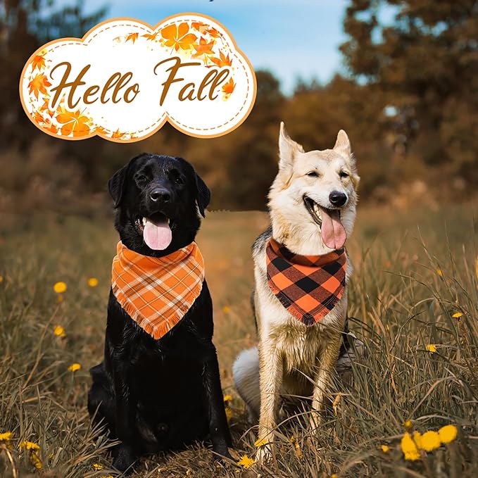 Kytely Fall Dog Bandana Autumn Thanksgiving Dog Bandanas Large, Orange Plaid Pet Scarf for Boy and Girl, Holiday Halloween Reversible Triangle Bibs Accessories for Dogs Pets