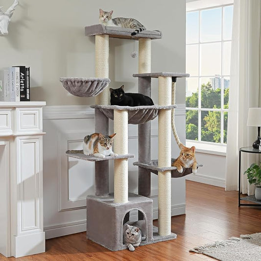 Heavy Duty Cat Tree for Maine Coon – 67" Tall Cat Tower with 7 Thick (φ4.3) Scratching Posts, XXL Cat Condo with Super Large Perch & Cozy Hammocks, Engineered for Big Cats (20+ lbs) - Gray
