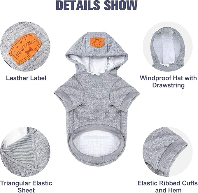 BEAUTYZOO Small Dog Hoodie Sweater with Pockets, Dog Clothes for Small Medium Dogs Boy Girl, Waffle-like Laminated Cotton Pet Coats with Hat and Leash Hole, All Weather Coat for Puppy Doggie Chihuahua