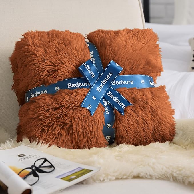 Bedsure GentleSoft Fuzzy Sherpa Faux Fur Twin Blanket Burnt Orange Cozy Gifts for Women Men, Soft Fleece Plush Warm Thick Blanket Twin Size for Bed, Room Dorm Essentials Orange Decor Gifts, 60x80