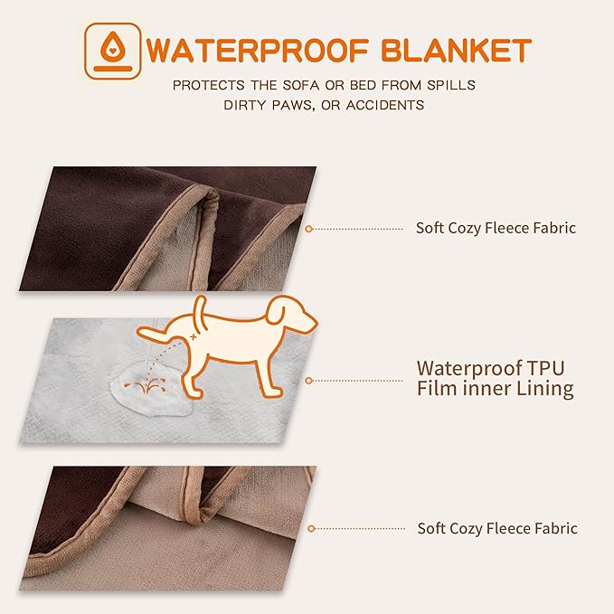 Waterproof Dog Blankets Brown Pet Blanket 60"x80", Soft Fluffy Sofa Car Bed Protector, Reversible Leakproof Flannel Washable Dog Blanket for Large Dogs