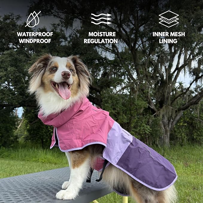 Spark Paws Dog Raincoat, Waterproof Windproof Rain Jacket, for Small Medium Large Extra Large Dogs, Reflective Breathable Full-Body Coverage Dry Suit - Pink Lilac Purple - 3XL