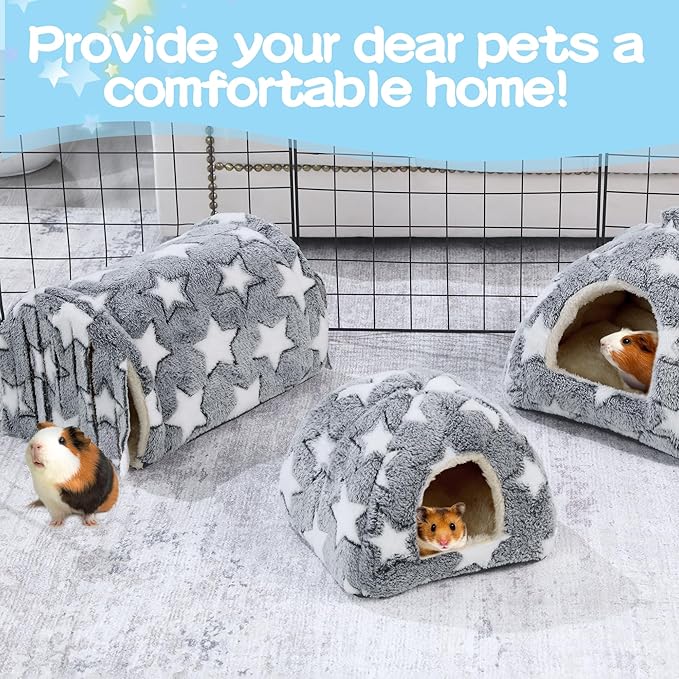 MABOZOO 3 Pack Guinea Pig House Accessories, Washable 2 Guinea Pig House and Hideout Tunnel with Curtains, Chinchilla Hideout for Hamster, Rabbit, Bunny, Chinchillas (Gray-Star)