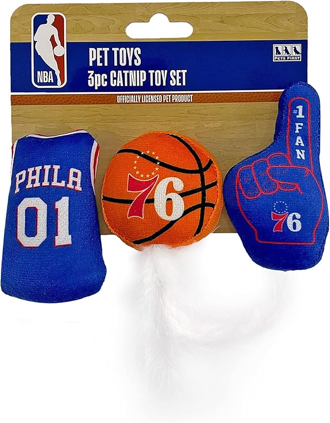 Best Plush CAT Toy - NBA 76ERS Complete Set of 3 Piece Cat Toys Filled with Fresh Catnip. Includes: 1 Jersey Cat Toy, 1 Basketball Cat Toy with Feathers & 1#1 Fan Cat Toy. Beautiful Team Logos