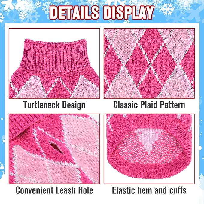 KOOLTAIL Small Dog Sweater, Knit Turtleneck Cold Weather Dog Sweaters for Medium Large Dogs, Soft Diamond Plaid Pullover Knitwear Pet Winter Warm Clothes,Pet Coat Puppy Sweater for Girls Boys,Pink XS