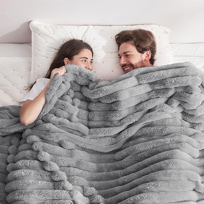 Cozy Bliss Faux Fur Throw Blanket for Couch, Cozy Warm Plush Striped Blanket for Sofa Bedroom Living Room, 108 * 90 Inches Gray