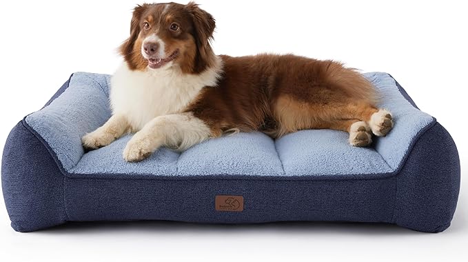Bedsure Orthopedic Dog Beds Large Medium Sized Dog - Extra Thick Supportive Medium Dogs Bed with Waterproof Washable Cover, Comfort Pet Bed Sofa with Soft Plush Sherpa and Nonskid Bottom, Blue, 35"