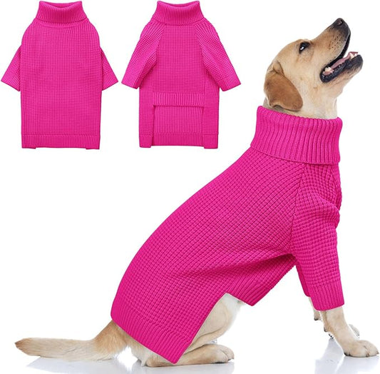 Queenmore Large Dog Sweater, Plaid Dog Sweaters for Large Dogs, Turtleneck Pet KintSweater with Check Pattern, Long Sleeve Holiday Pet Knitwear, Solid, Fuchsia L