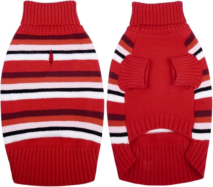 Kuoser XS Striped Dog Sweater | Tiny Breed Xmas Warmth, Turtleneck, Stripe Cozy, Pup Loves, Owner Calm, Red XS